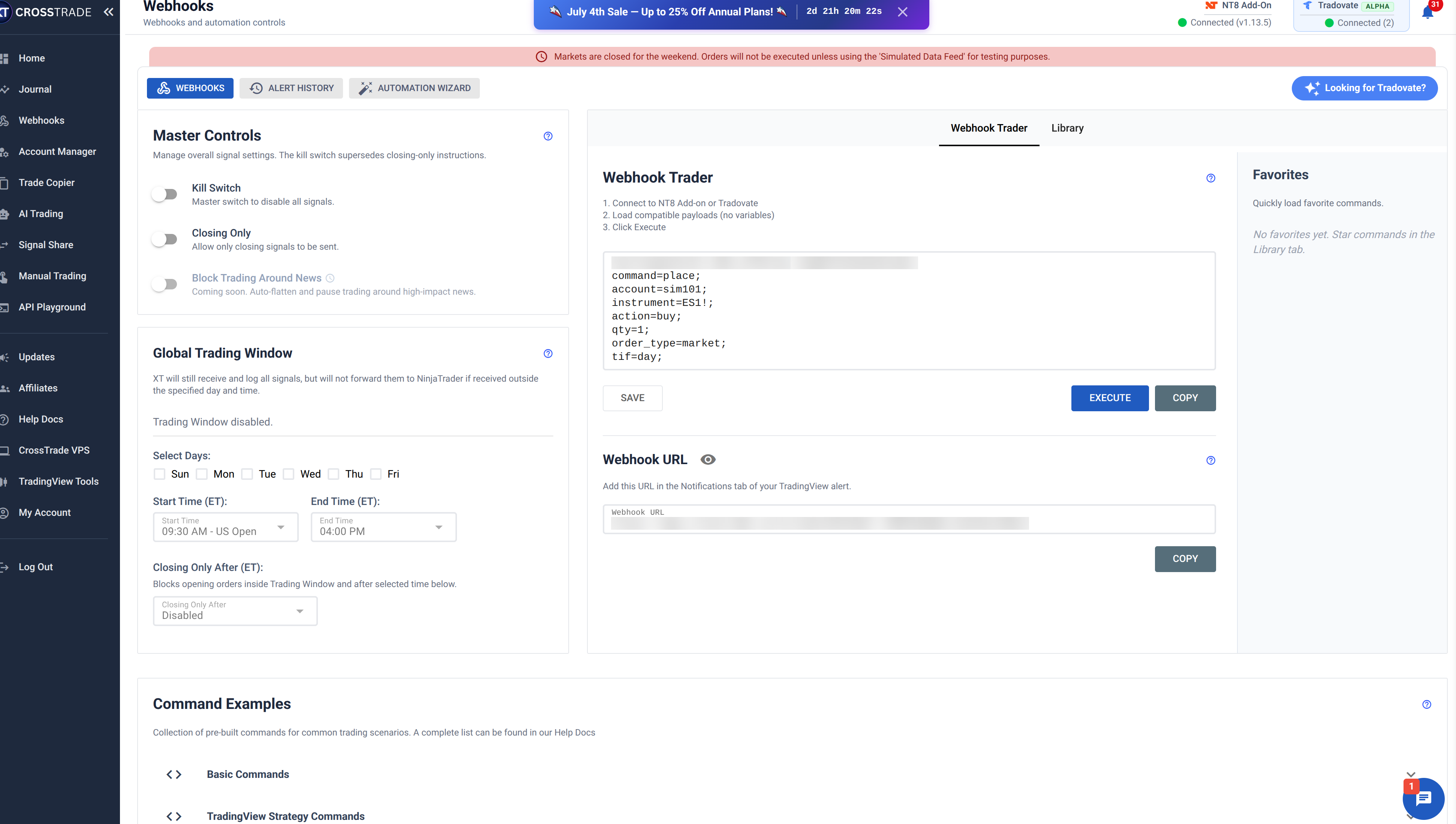 Page Webhooks de CrossTrade : l'URL du webhook et la commande (key, account, instrument)